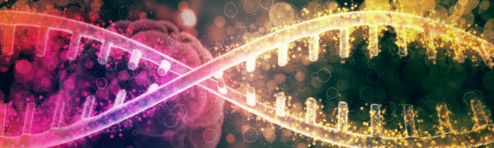 3D render of a medical background with abstract DNA strands and defocussed virus cells
